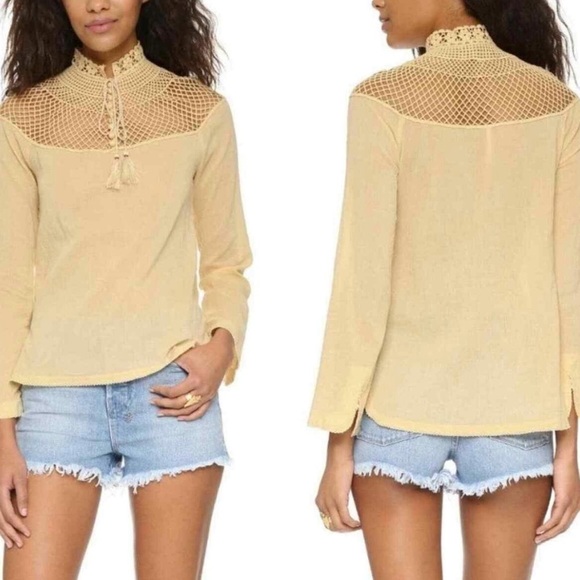 Free People “On the Island” Cream Yellow Crocheted High Neck Top, Size Small - Picture 1 of 16